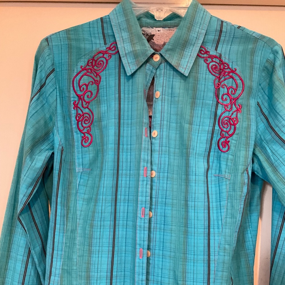 Johnny Was/3J Workshop Turquoise/Pink Embroidered Blouse - M